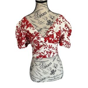 Midnight Sky Size S V-neck Crop top Puff Sleeves Floral Cotton Linen Blend